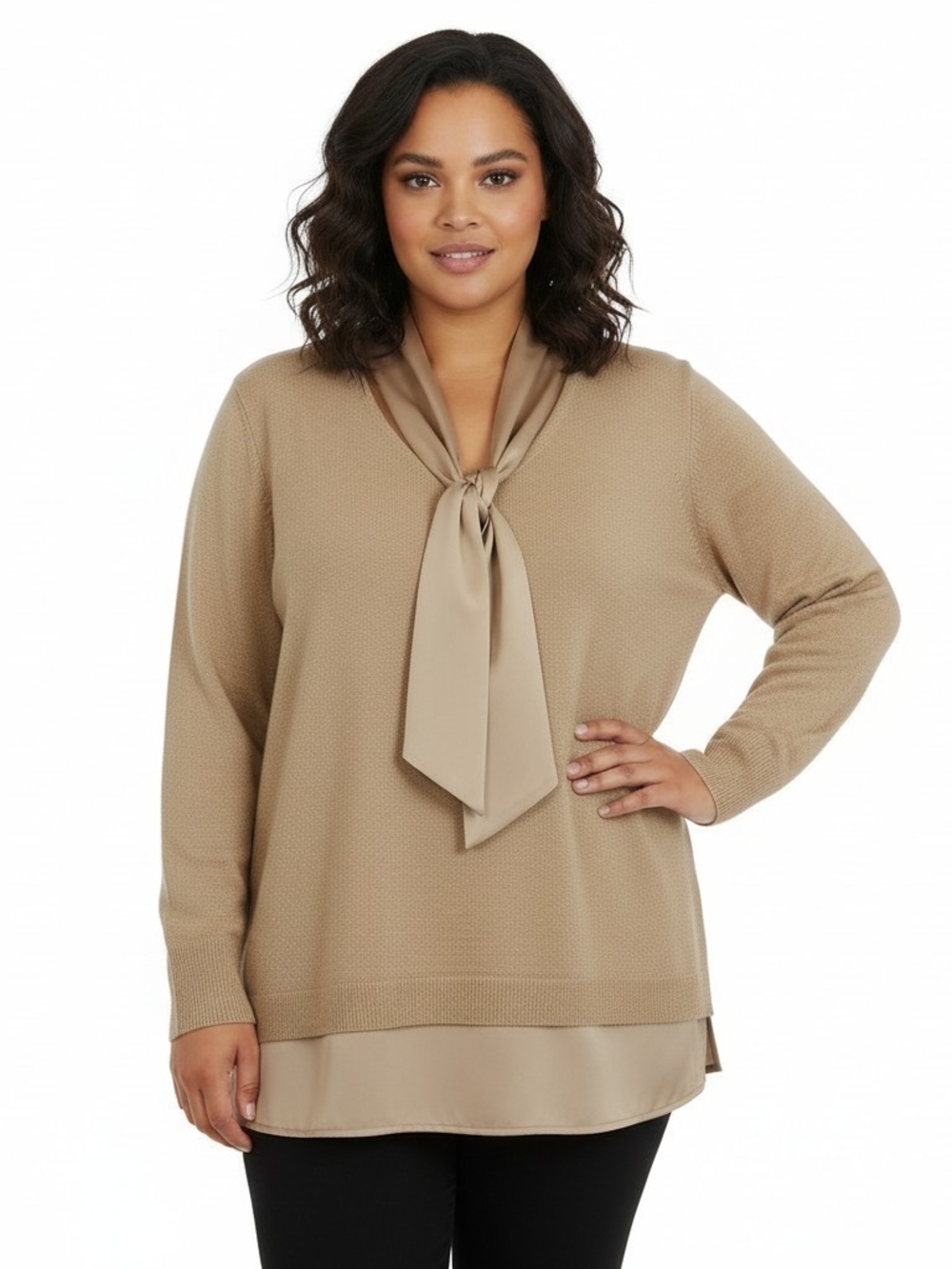 NWT Anne Klein Plus Lurex Tie Neck 2-Fer Tan Gold Knit Long Sleeve Blouse 2X